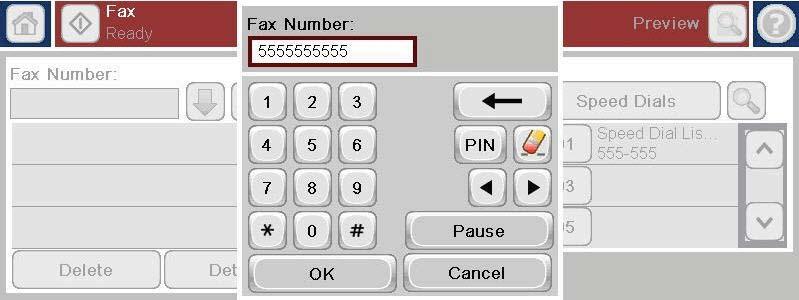 1 Bila Nomor Faks disentuh, akan ditampilkan pop-up yang mencakup tombol PIN untuk menambahkan tanda kurung khusus ([ ]) agar dapat menyembunyikan PIN dan tombol Jeda untuk menyisipkan tanda koma