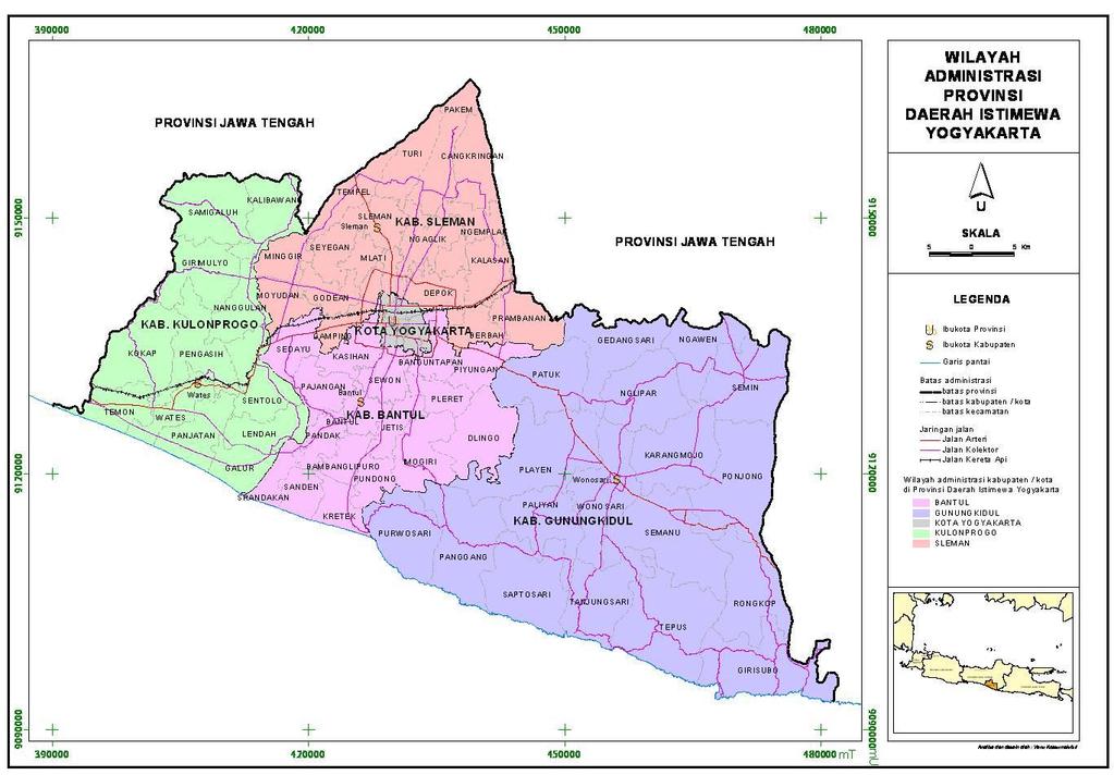 Daerah Istimewa Yogyakarta secara administratif terdiri dari 1 Kota, 4 Kabupaten, 78 Kecamatan, dan 438 Kelurahan/Desa.