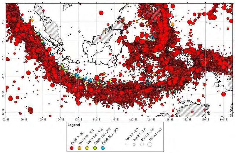 Data episenter di Indonesia untuk magnituda, M > 5.0 1879-2010.