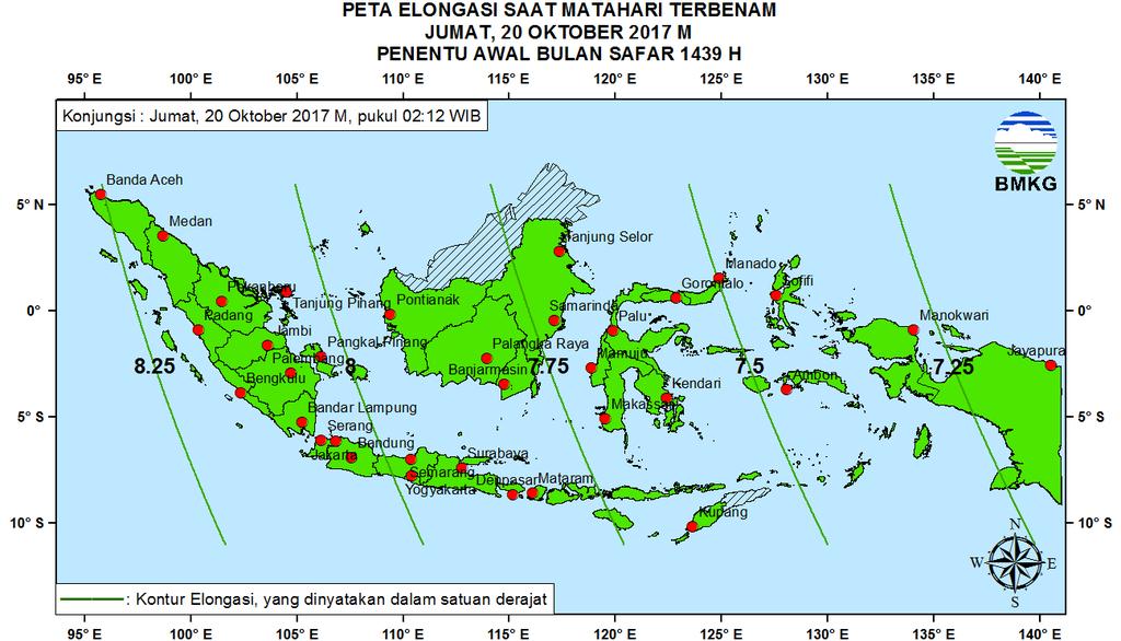 Pada Gambar 3 ditampilkan peta ketinggian Hilal yang lebih detail bagi pengamat di Indonesia untuk tanggal 20 Oktober 2017.