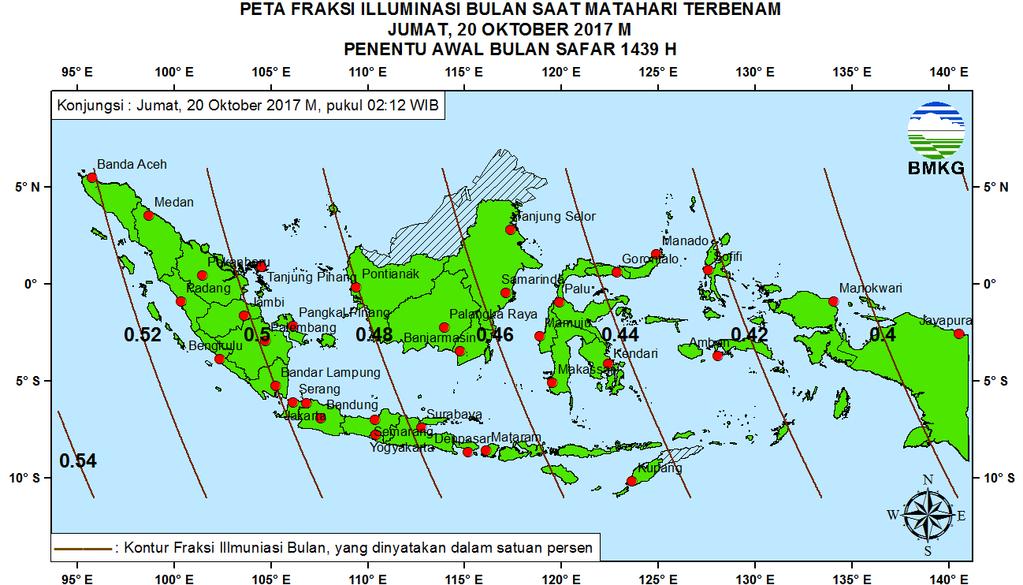 6. Peta Fraksi Illuminasi Bulan Pada Gambar 7 ditampilkan peta Fraksi illuminasi Bulan (B) untuk pengamat di Indonesia pada tanggal 20 Oktober 2017.