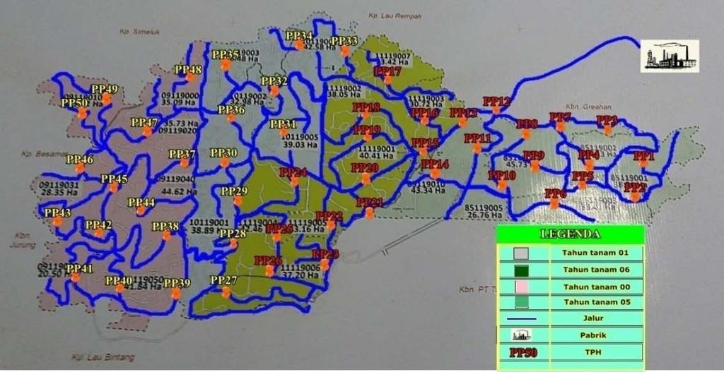 Sumber: PT.PP. LONDON SUMATRA INDONESIA, Tbk Gambar 5.1 Peta Kebun Divisi VI Kebun dibagi dalam 25 area dengan luas dalam satuan hektar (ha) dapat dilihat pada tabel 5.1 berikut : Tabel 5.