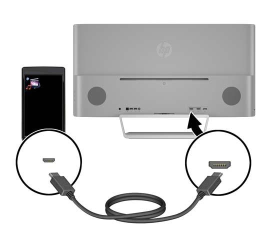 Sambungkan kabel HDMI atau kabel MHL ke konektor HDMI 1.4 di bagian belakang monitor dan ujung lainnya ke perangkat sumber HDMI atau MHL yang diaktifkan.