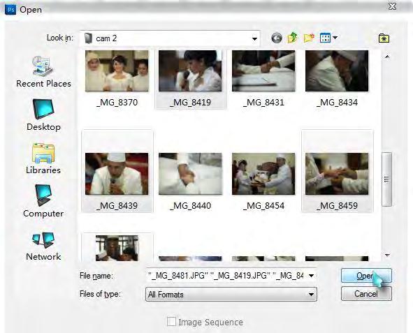 2. Buka File Gambar Masukan gambar yang akan dibuat menjadi album kolase kedalam aplikasi photoshop. Klik file pada menu bar lalu klik open. Atau bisa tekan cntrl+o pada keyboard.