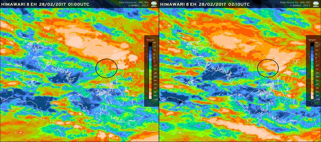 II. ANALISIS DAN PEMBAHASAN A. Satelit Cuaca Berdasarkan gambar satelit Himawari 8 EH pada tanggal 27 & 28 Februari 2017 yang diambil mulai pukul BADAN METEOROLOGI DAN GEOFISIKA 21.00 & BALAI 04.