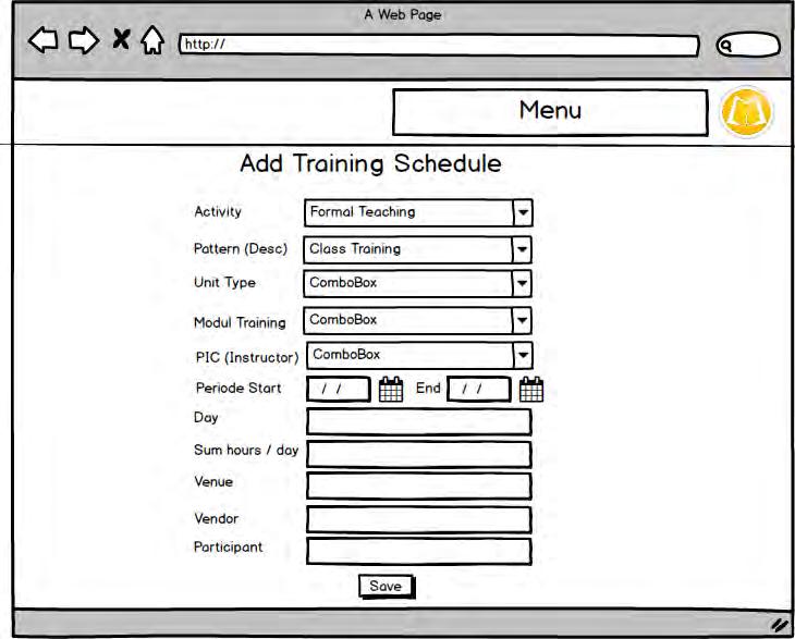 4.2.10 Interface Add Training Schedule Gambar 4.12 Rancangan Add Training Schedule TEC memilih menu Training Schedule lalu memilih Add Training Schedule.