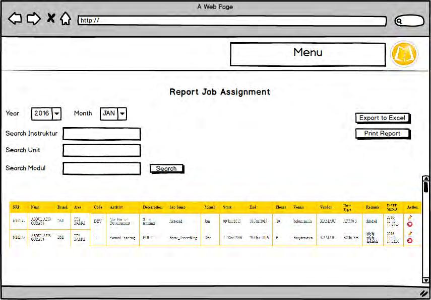 4.2.8 Interface View Report Gambar 4.10 Rancangan Layar View Report Dalam halaman ini user bisa melihat data yang dibutuhkan dengan memfilter tahun dan bulan atau search data tertentu.