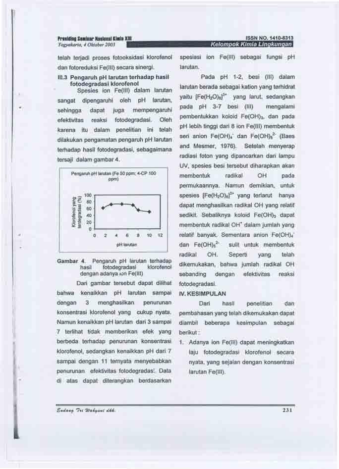 '1'Illdlng S II.Nalionalll.la XIII Yogyakarta. 4 Oktober 23 Kelom ok Kimia Lin kun an telah terjadi proses fotooksidasi klorofenol dan fotoreduksi Fe(lIl) secara sinergi. 111.