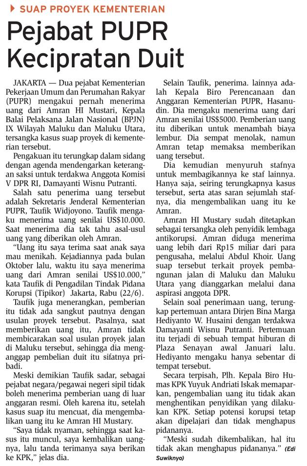 Judul Pejabat PUPR Kecipratan Duit Tanggal Media Koran Bisnis Indonesia (Halaman 12) DUa pejabat