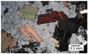 Tekstur yang ditandai dengan hadirnya inklusi mineral-mineral secara acak dalam suatu mineral yang besar. Tekstur ini kadang hadir atau dijumpai pada batuan intermediet. 9.