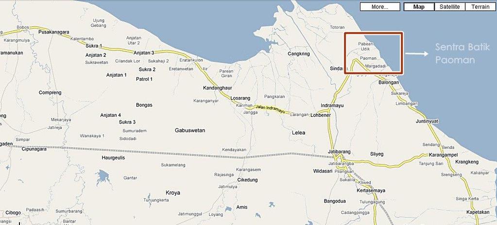 42 BAB IV SENTRA BATIK PAOMAN A. Letak Geografis Paoman Indramayu Gambar 2: Peta Wilayah Indramayu (Dokumentasi Badan Perencanaan Pelaksana Daerah, 2012) Luas wilayah Indramayu adalah 2.000,99 km 2.