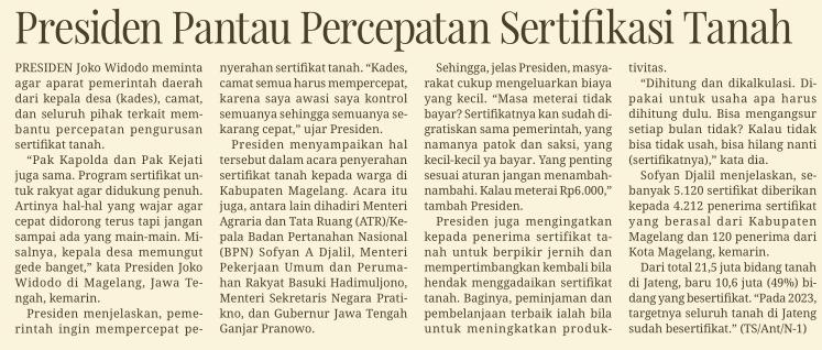 Judul Presiden Pantau Percepatan Sertifikasi Tanah Tanggal Media Media Indonesia (Halaman, 24) Resume Presiden Joko Widodo