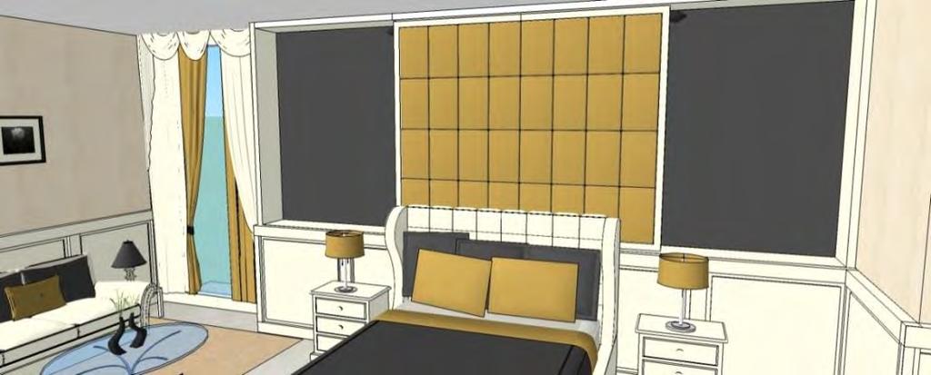 yang menunjukan sisi glamour dan adanya panel-panel pada dinding yang bertumpuk serta pemilihan material lengkungan pada furniture untuk menunjukan