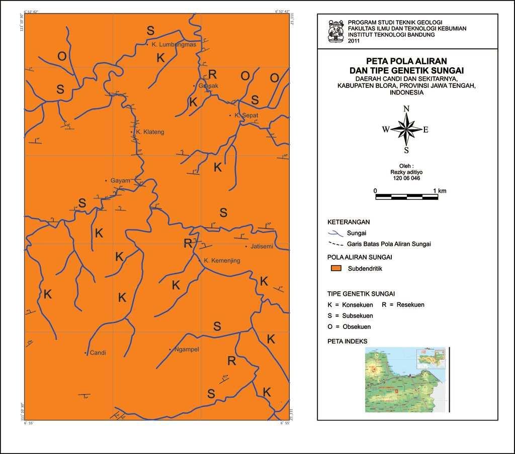 Gambar 3.4. Peta pola aliran dan tipe genetik sungai di daerah penelitian: (S) subsekuen, (O) obsekuen, (R) resekuen, dan konsekuen (k). 3.1.