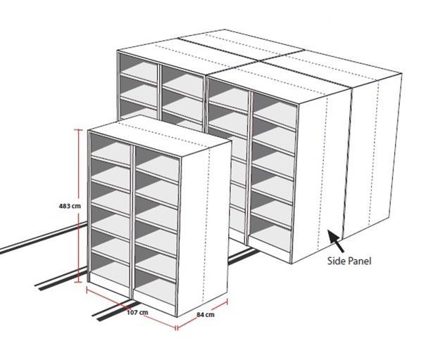 Pengiraan Ruang Bilik Rekod Untuk keluasan tapak 1 meter persegi (Pengiraan berdasarkan Mobile storage rack bersaiz 107cm panjang x 84 cm lebar x 483 cm tinggi 100cm/ 4 cm (tebal fail