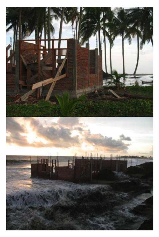 Konstruksi dalam Pengerjaan (KDP) rumah bantuan bagi masyarakat Desa Pasir, Kecamatan Johan Pahlawan, Meulaboh saat dilanda gelombang pasang pada 17 Mei 2007 lalu (Foto oleh Hadi Wibawa) Kali ini,