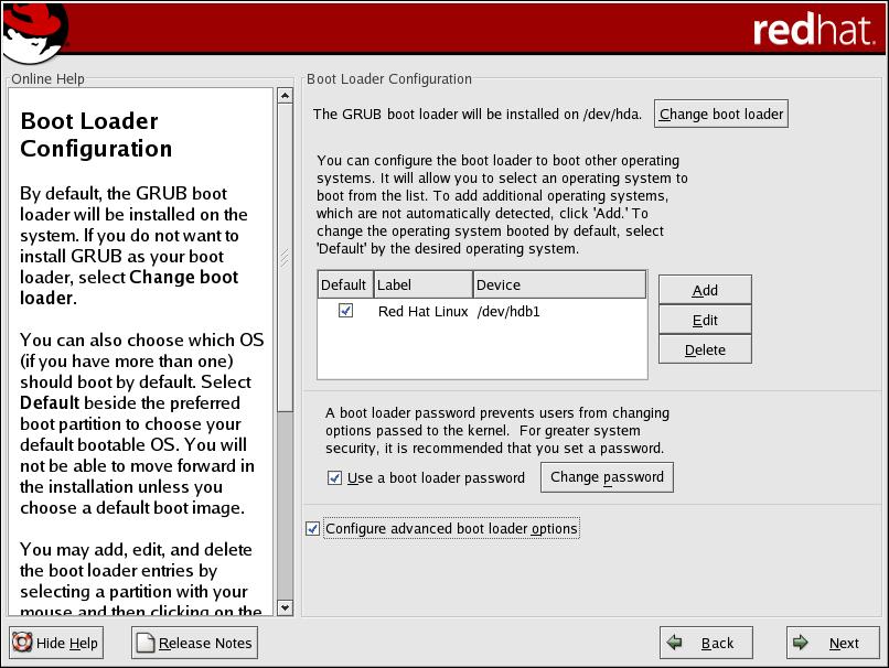 BAB 1 INSTALASI RED HAT LINUX 9.0 18 loader, anda bisa membuat boot disket. Pilih opsi ini Do not install a boot loader setelah mengklik Change boot loader.
