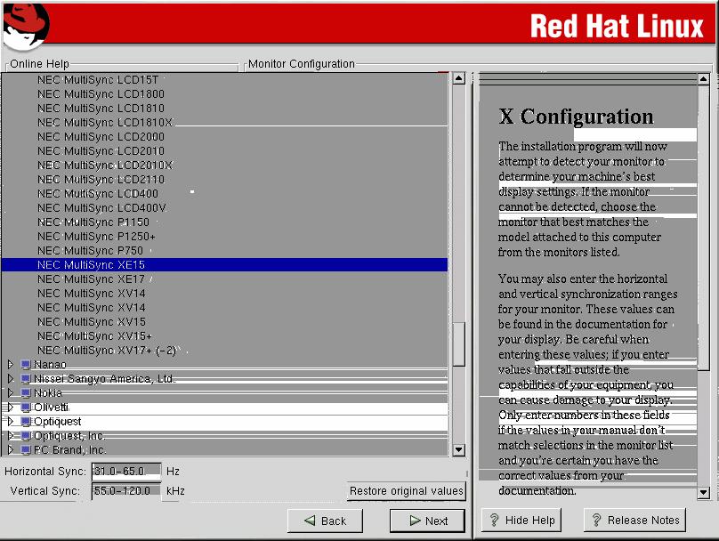 BAB 1 INSTALASI RED HAT LINUX 9.0 34 Gambar 1.20 Pemilihan Monitor Jika monitor anda tidak ada di list tersebut, pilih model Generic yang ada.