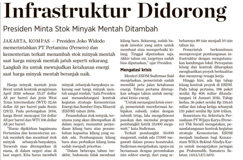Judul Infrastruktur Didorong Tanggal Media Koran koran kompas (halaman 8) Presiden Joko Widodo memerintahkan PT.