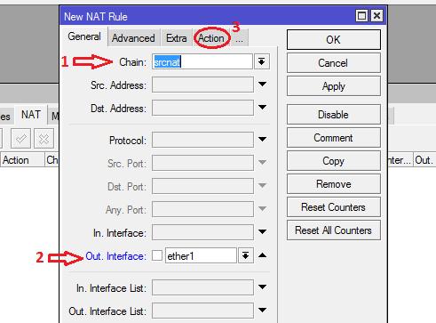 Pilih Tab NAT>> klik icon yang dilingkari angka 2 Gambar 5-30 Menambahkan Konfigurasi NAT Pada Tab General pilih srcnat