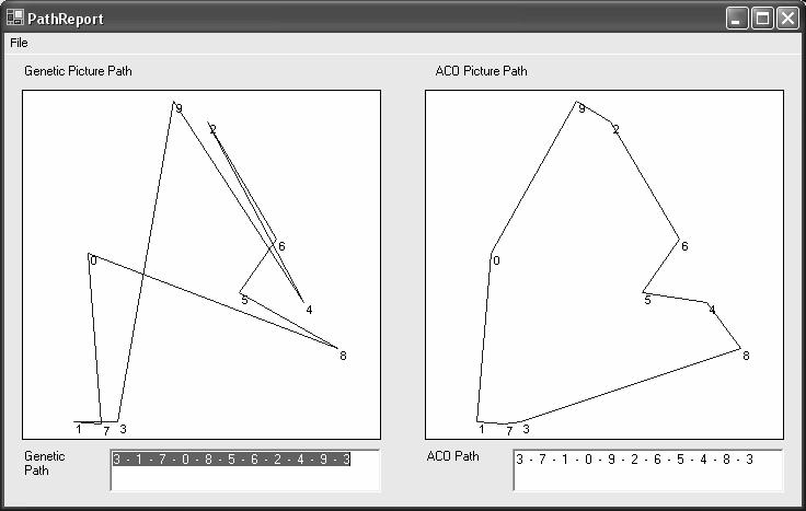 65 Gambar 4.3 Gambar penylesaian untuk 10 titik random Detail proses atas hasil seperti gambar 4.3 dapat dilihat pada tabel 4.12 untuk algoritma genetik dan 4.13 untuk algoritma ACO. Tabel 4.