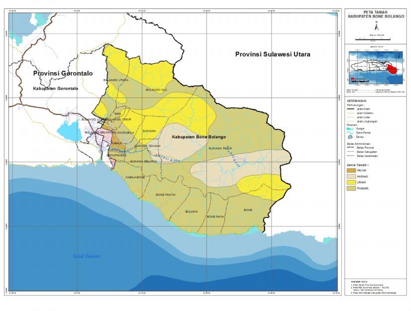 Gambar 2. Peta Tanah Kabupaten Bone Bolango Kemiringan Lereng Kondisi topografi suatu wilayah berpengaruh dalam pengelolaan lahan.