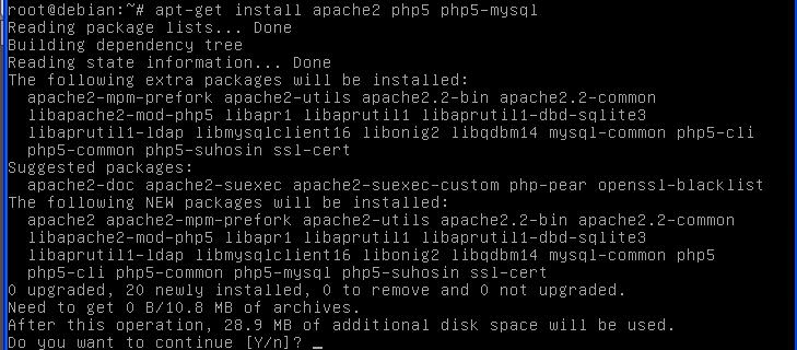 48. Ketikkan apt-get install apache2 php5 php5-mysql.tekan Y untuk Yes.Tunggu proses install apache,php dan mysql. 49.