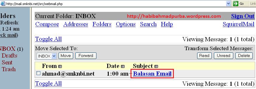 Setelah login, maka ditampilkan kotak masuk (inbox) di email purba@yahoo.co.id.