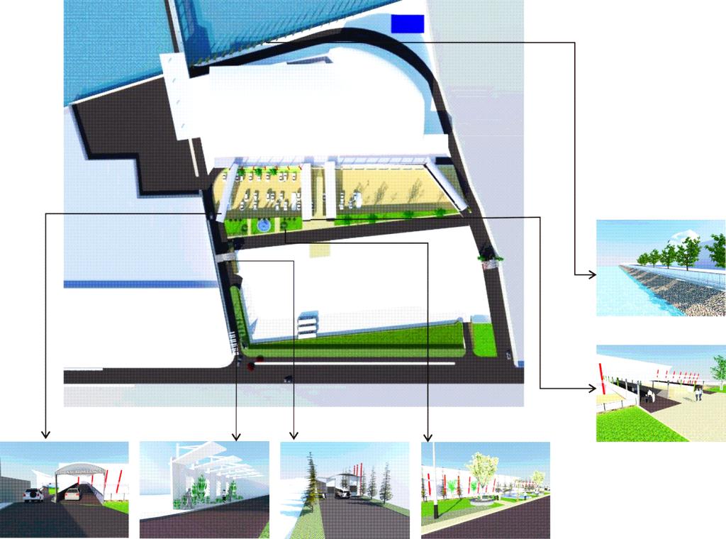 Berikut ini adalah gambar blok plan dari konsep tapak dari Terminal Penumpang Pelabuhan di Paciran Lamongan: 11 9 1 8 10 7 6 1. Bangunan Terminal 2. Fly over ke terminal keberangkatan 3.