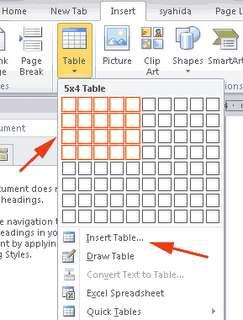 Bahan Bacaan 1. Membuat Tabel Untuk membuat tabel, berikut langkah-langkahnya : a. Klik menu Insert b. Pada ribbon Tables klik Table c.