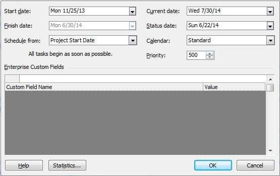 - Aktifkan menu project > project information pada toolbar program Microsoft project - Start Date : Untuk memasukkan tanggal dimulainya proyek - Finish Date : Untuk memasukkan tanggal berakhirnya