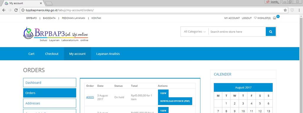 5. Cara Mengetahui Status order Layanan Analisis Klik menu my Account login Orders View untuk melihat informasi status order Download