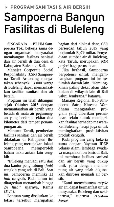 Program sanitasi dan air bersih, Sampoerna Bangun fasilitas di buleleng Tanggal Media Bisnis Indonesia (Halaman 9) PT