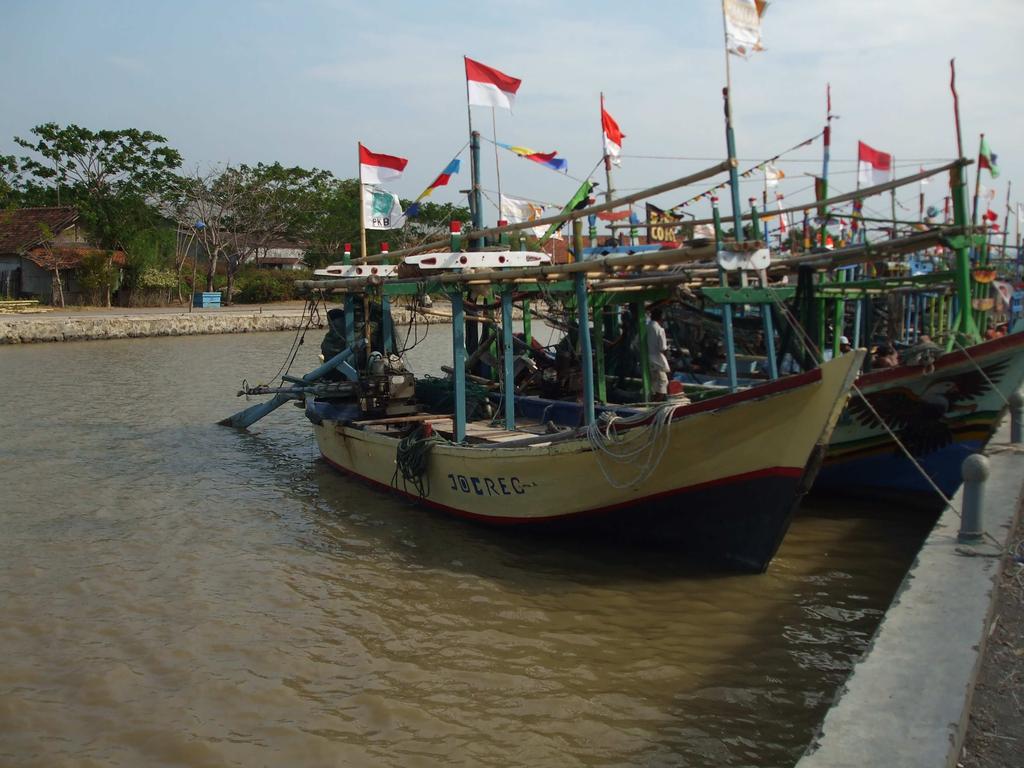 35 kayu jati (Tectona grandis) yang dibuat di sekitar Desa Bandengan. Perahu payang sebagaimana dapat dilihat pada Gambar 4. Gambar 4 Perahu nelayan payang Desa Bandengan Kabupaten Cirebon tahun 2008.