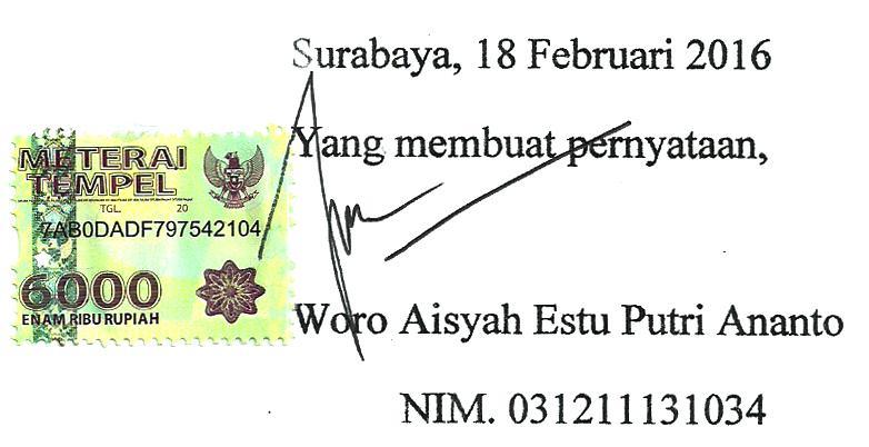 PERNYATAAN ORISINALITAS SKRIPSI Saya yang bertanda tangan di bawah ini : Nama : Woro Aisyah Estu Putri Ananto NIM : 031211131034 Bidang minat : Peradilan Judul Skripsi : Perlindungan hukum terhadap