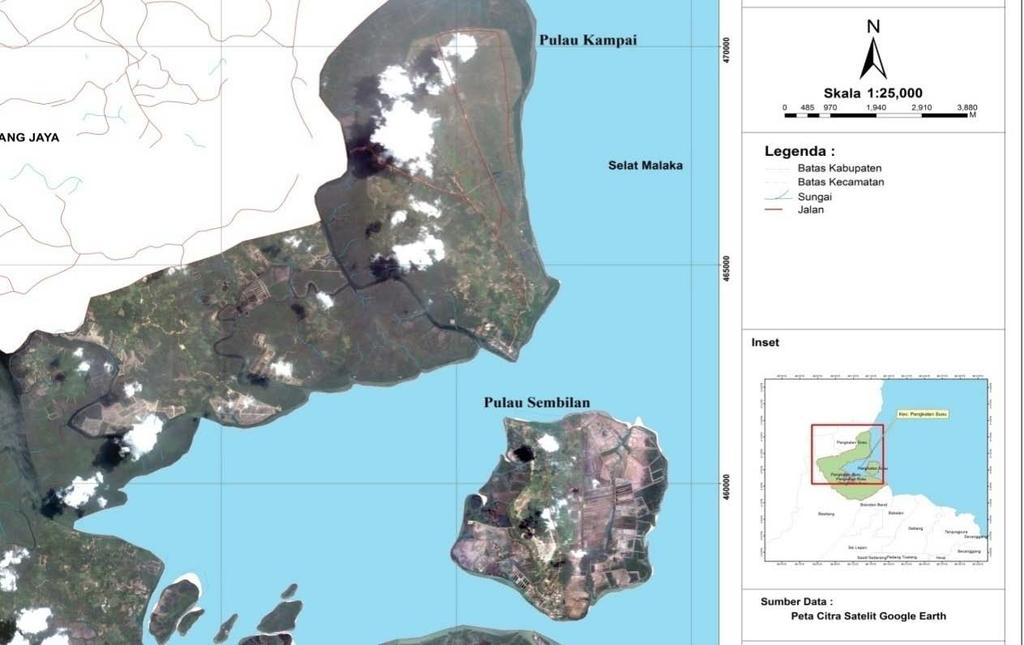 Gambar 1. Kondisi Pulau kampai dan Pulau Sembilan dari Citra Satelite Pulau Kampai merupakan suatu desa yang berada di gugusan pulau-pulau Kabupaten Langkat. Pulau Kampai memiliki luas ±10.000 ha.