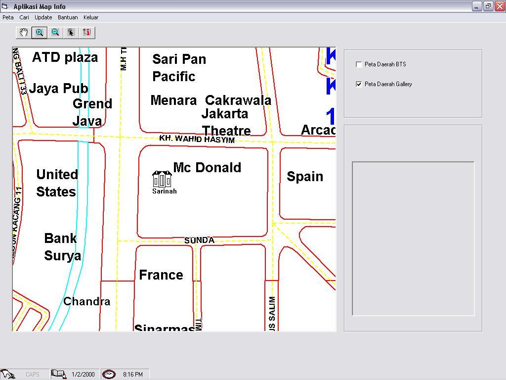 80 Gambar 4.7 Tampilan Layar Peta Lokasi Galeri - Zoom In Pada layar menu utama, jika pengguna meng-klik Cari maka akan keluar dua sub menu yaitu Lokasi BTS dan Lokasi Galeri.