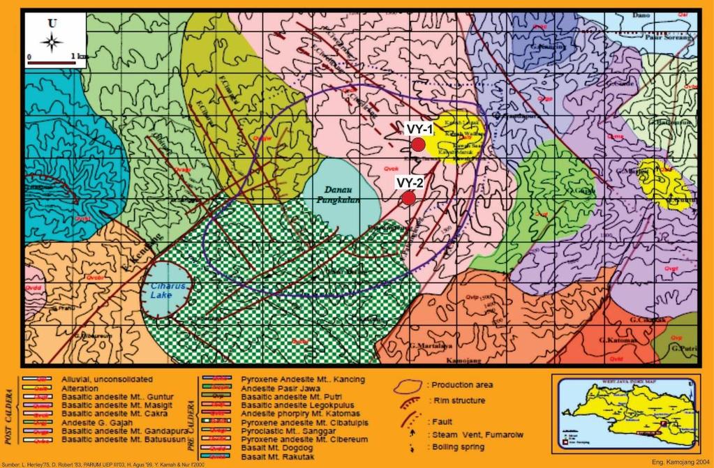 Zona Alterasi Hidrotermal pada Sumur Penelitian "VY 2", Lapangan Kamojang, Jawa Barat, Indonesia (Vilia Yohana) Gambar 1. Peta geologi Lapangan Panasbumi Kamojang oleh Eng.
