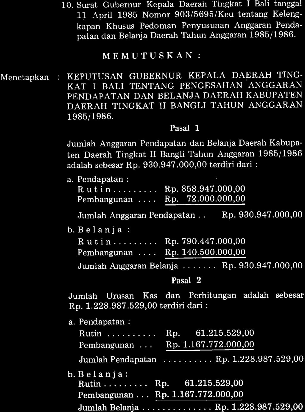 10. Surat Gubernur Kepala Daerah Tingkat I Bali tanggal 11 April 1985 Nomor 903/5695/Keu tentang Kelengkapan Khusus Pedoman Penyusunan Anggaran Pendapatan dan Belanja Daerah Tahun Anggaran 1985/1986'