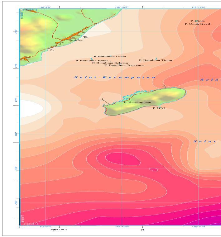 Gambar 4. Sebaran salinitas di perairan Pulau Kerumputan dan sekitarnya Derajat Keasaman (ph) Hasil pengukuran ph, menunjukkan kisaran antara 7,5 7,7 (Tabel 1).