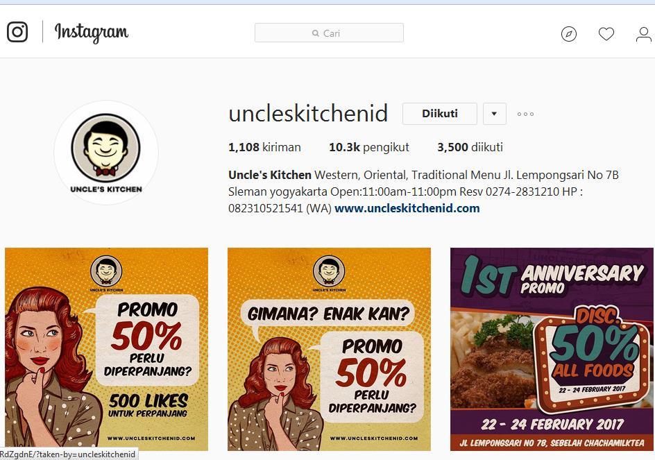 komunikasi, informasi, promosi dan juga menarik minat pelanggan. Akun ini mulai diakses mulai tanggal 10 Februari 2016. Gambar 2.9 Profil Instagram @uncleskitchenid Sumber: https://www.instagram.