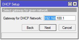 Tampilan Setting DHCP server interface. 11. Setelah memilih sebuah interface sekarang setting DHCP Address Space.