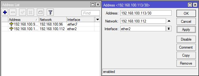 60 Gambar 4.35. Tampilan Setting IP Address. 26. Pada awal mula tekan tombol + setting IP address pada Router Kedua pada interface Ether 2 pada bagian Address isikan dengan IP address 192.168.100.