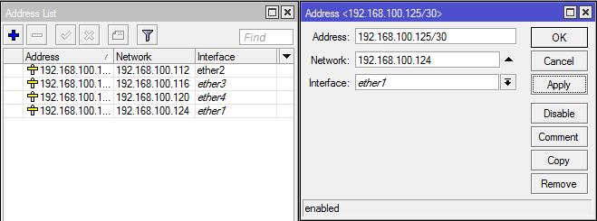63 Gambar 4.44. Tampilan Setting IP Address. 35. Setelah itu tambahkan lagi IP address pada router pertama pada interface Ether 4 pada bagian Address isikan dengan IP address 192.168.100.