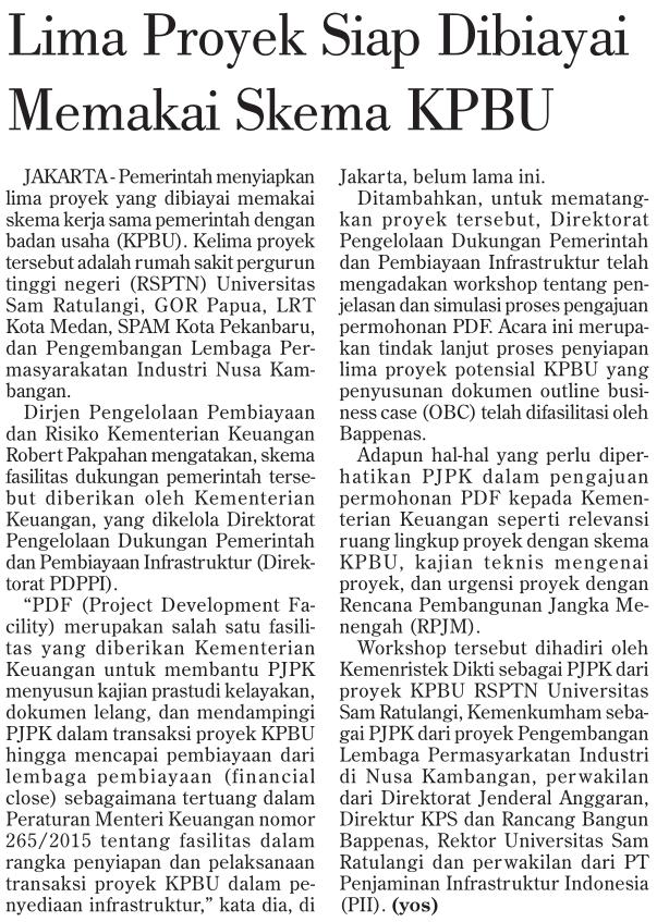 Judul Lima Proyek Siap dibiayai memakai skema KPBU Tanggal Media Investor Daily (Halaman, 21)