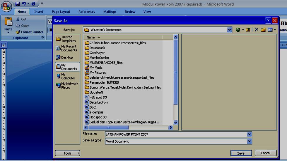 B. Menyimpan file File yang telah dibuat dapat disimpan didalam harddisk komputer atau pada flashdisk. Cara menyimpan file: a.