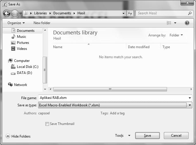 Jika Anda menyimpan workbook yang mengandung Macro dengan format file XLSX, muncul kotak pesan seperti pada Gambar 1.5. 2.