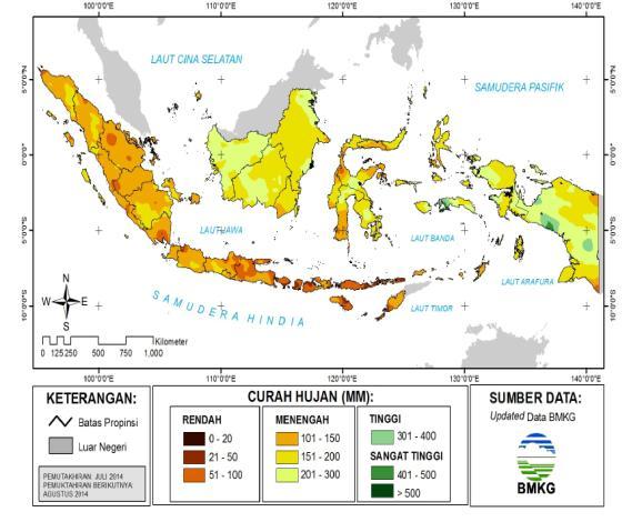 KONDISI SUMBER DAYA AIR (Status: 15 Juli 2014) A. PRAKIRAAN CUACA (BMKG) 1 Curah hujan wilayah Indonesia untuk bulan Julii 2014 diprakirakan menengah (101 150 mm) sampai menengah (151 200 mm).