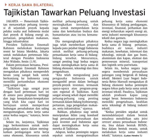 Judul Tajikistan Tawarkan Peluang Investasi Tanggal Agustus 2016 Media Bisnis Indonesia (halaman 5) Pemerintah Tajikistan menawarkan peluang