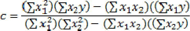 56 Keterangan : Y : kriterium X1 dan X2 : prediktor 1 dan 2 a : intersep b dan c : koefisen regresi Sedangkan untuk menghitung intersep (a), koefisien regresi (b dan c) dipergunakan rumus sebagai